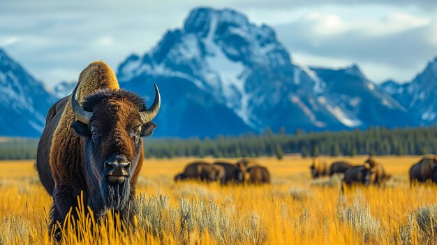 Rebanho de bisontes no deserto americano de Yellowstone