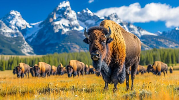 Rebanho de bisontes no deserto americano de Yellowstone