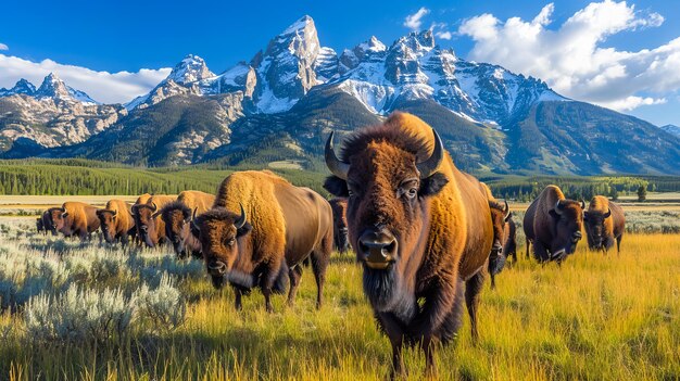 Rebanho de bisontes no deserto americano de Yellowstone