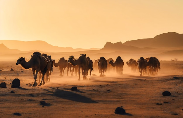 Rebanho de camelos está andando por um deserto