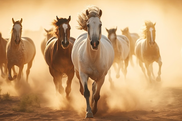 Rebanho de cavalos selvagens a galopar ao ar livre