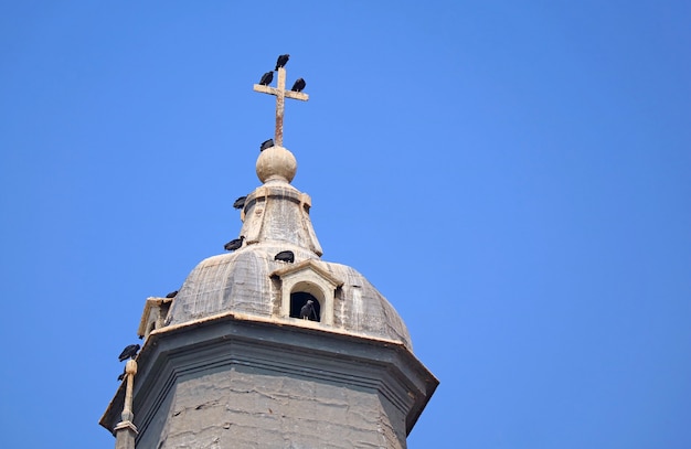 Rebanho de condores empoleirado na cruz da torre do sino da Catedral de Lima, centro histórico de Lima, Peru