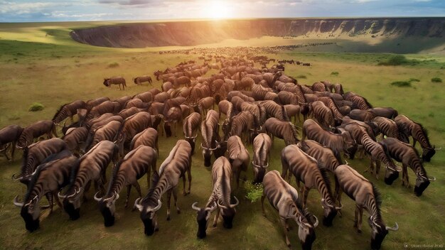 Foto rebanho de gnu na pradaria da cratera da área de conservação de ngorongoro, tanzânia, áfrica