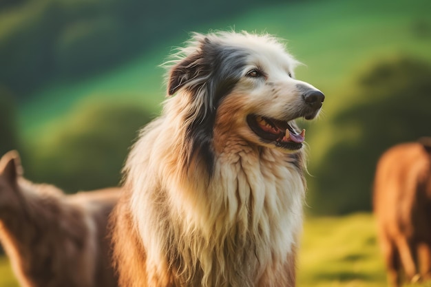 Foto rebanho de ovelhas com cão em campo verde rede neural de ia gerada