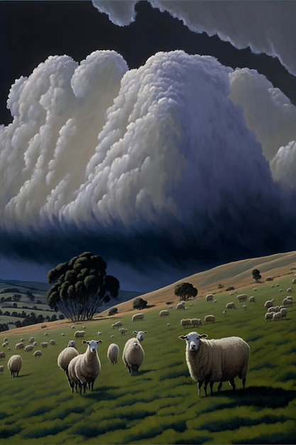 Rebanho de ovelhas em pé sobre um exuberante campo verde generativo ai