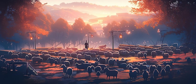 rebanho de ovelhas em um campo com um homem de pé no meio