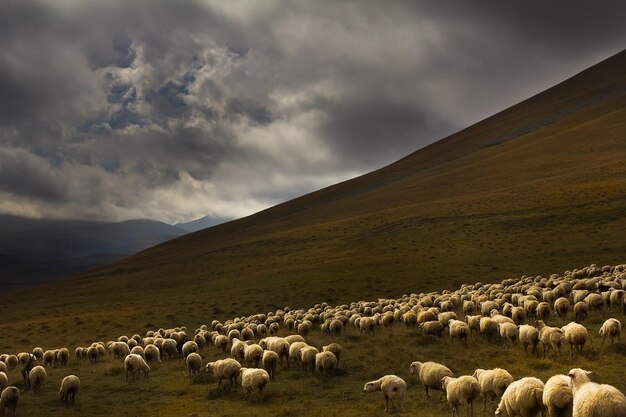 Rebanho de ovelhas em um fundo de paisagem dramática