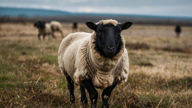 Rebanho de ovelhas pastando em um campo durante a hora dourada