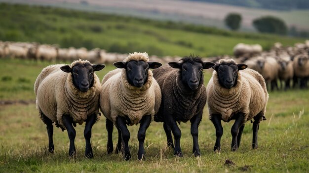 Foto rebanho de ovelhas pastando em um campo durante a hora dourada