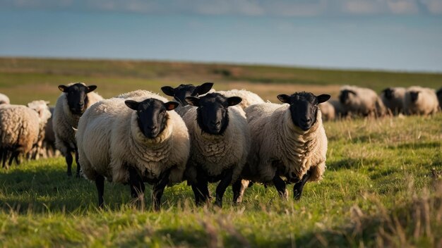 Rebanho de ovelhas pastando em um campo durante a hora dourada