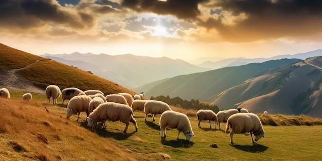 Rebanho de ovelhas pastando em uma encosta gramada com montanhas ao fundo