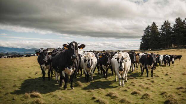 Rebanho de vacas no campo de grama da Nova Zelândia