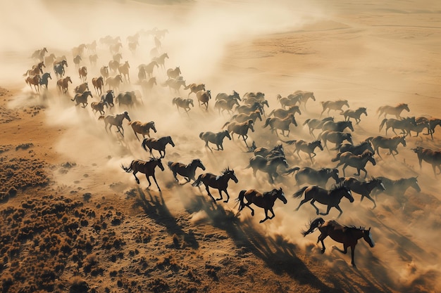 un rebaño de caballos corriendo por el desierto