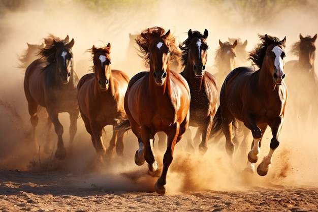 un rebaño de caballos corriendo en la tierra con las palabras caballos en la parte inferior