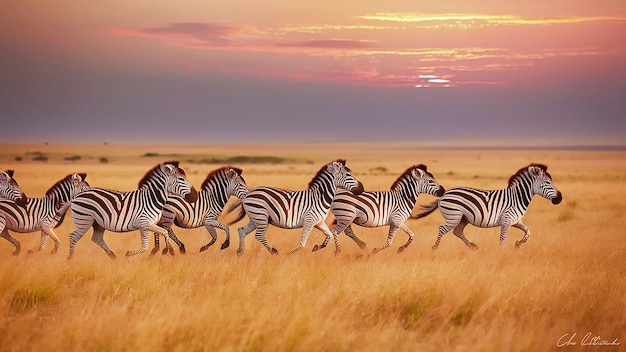 Foto un rebaño de cebras corriendo en un campo con el sol detrás de ellos