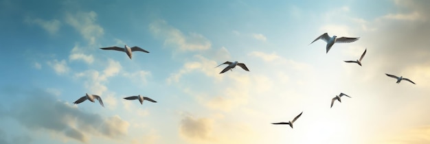 Un rebaño de cinco pájaros están volando en el cielo amplia luz ilustración 2d 64K de alto detalle.