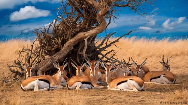 Un rebaño de gacelas descansando bajo un árbol seco en un paisaje de sabana