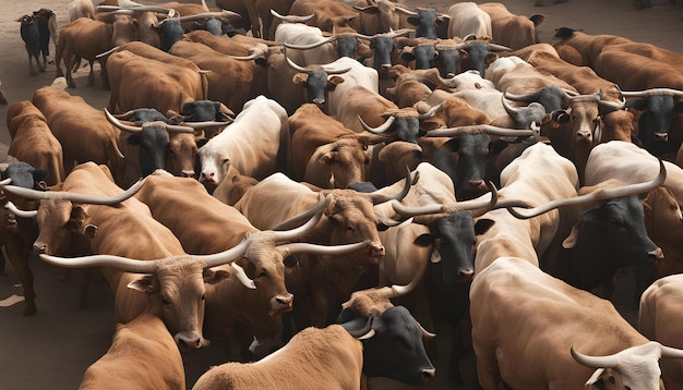 Foto un rebaño de ganado está rodeado de otro ganado