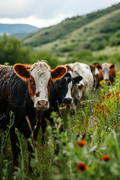 Un rebaño de un grupo de vacas de pie en el pasto ai