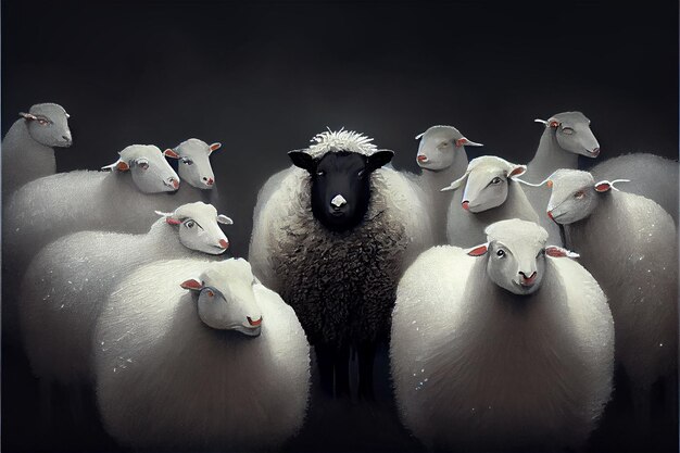 Un rebaño de ovejas blancas con una negra en el medio.