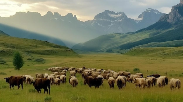 Un rebaño de ovejas está en un campo con montañas al fondo.