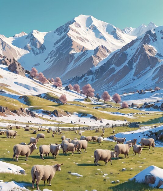 un rebaño de ovejas están pastando en un campo con nieve en las montañas