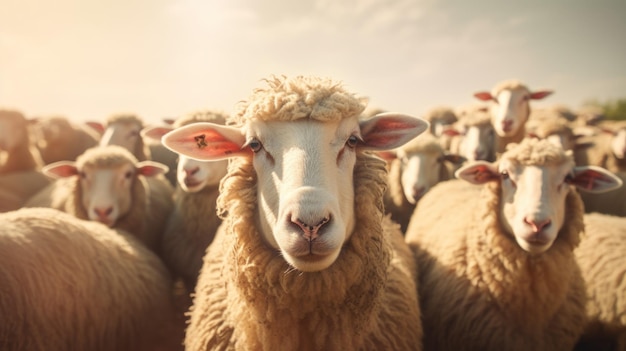 Rebaño de ovejas en la granja Profundidad poco profunda del campo IA generativa