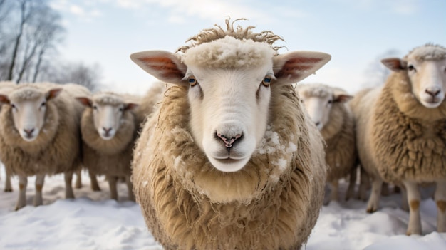 un rebaño de ovejas parado en la nieve