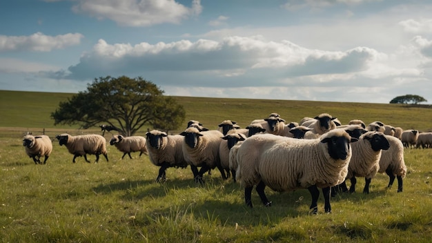 Un rebaño de ovejas pastando en un campo durante la hora dorada
