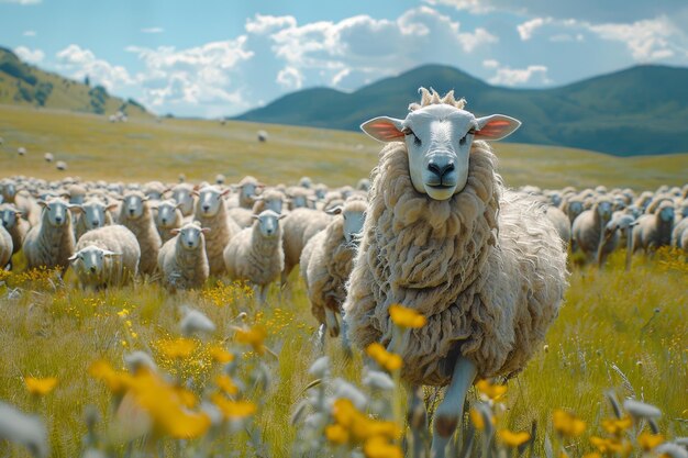 Foto un rebaño de ovejas pastando en un campo verde y exuberante