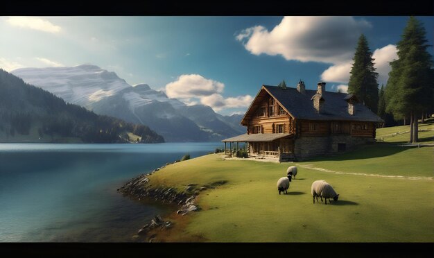 Un rebaño de ovejas pastando en un prado junto al lago cerca de la casa en el claretón del bosque