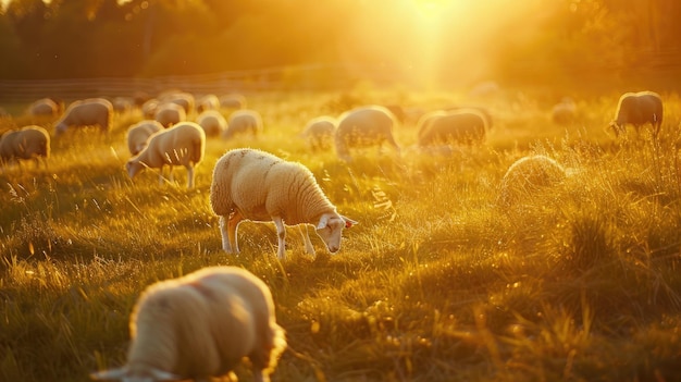Un rebaño de ovejas peludas esparcidas por un pintoresco prado pastando pacíficamente