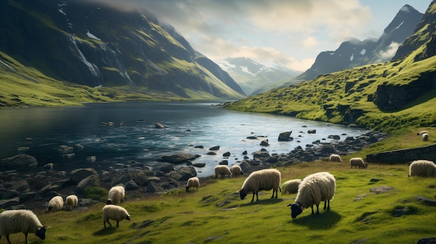 Un rebaño de ovejas de pie en la cima de una colina verde y exuberante