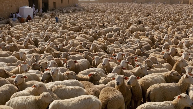 un rebaño de ovejas se reúnen en un campo