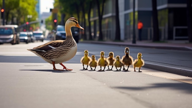 Foto un rebaño de patos de pie tranquilamente en el lado de una carretera de campo