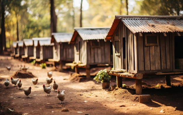 Un rebaño de pollos serpenteando por un camino de tierra polvoriento en un entorno rural