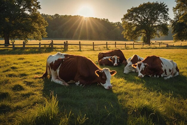 Foto un rebaño de vacas acostadas en un campo con el sol brillando sobre ellas