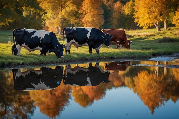 un rebaño de vacas bebiendo de un estanque con árboles en el fondo