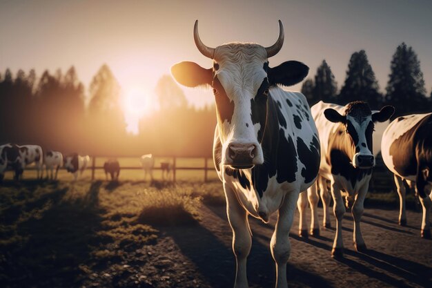 Rebaño de vacas en un campo de hierba durante el verano al atardecer Una vaca está mirando los rayos del sol de la cámara Generación AI