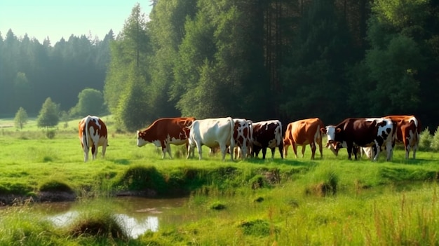 Rebaño de vacas comiendo hierba en el claro IA generativa