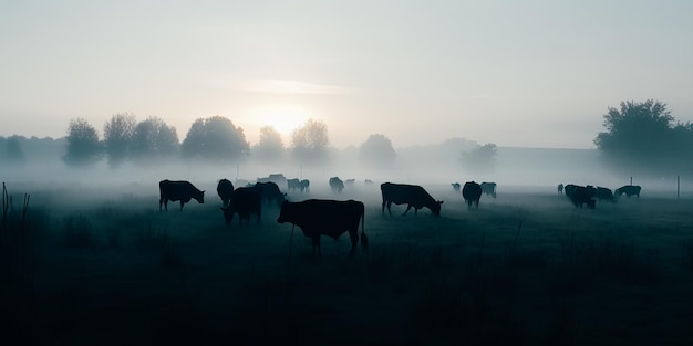Un rebaño de vacas está en un campo con el sol poniéndose detrás de ellas.