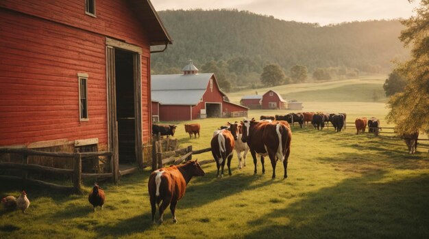 un rebaño de vacas paradas sobre un exuberante campo verde junto a un granero rojo