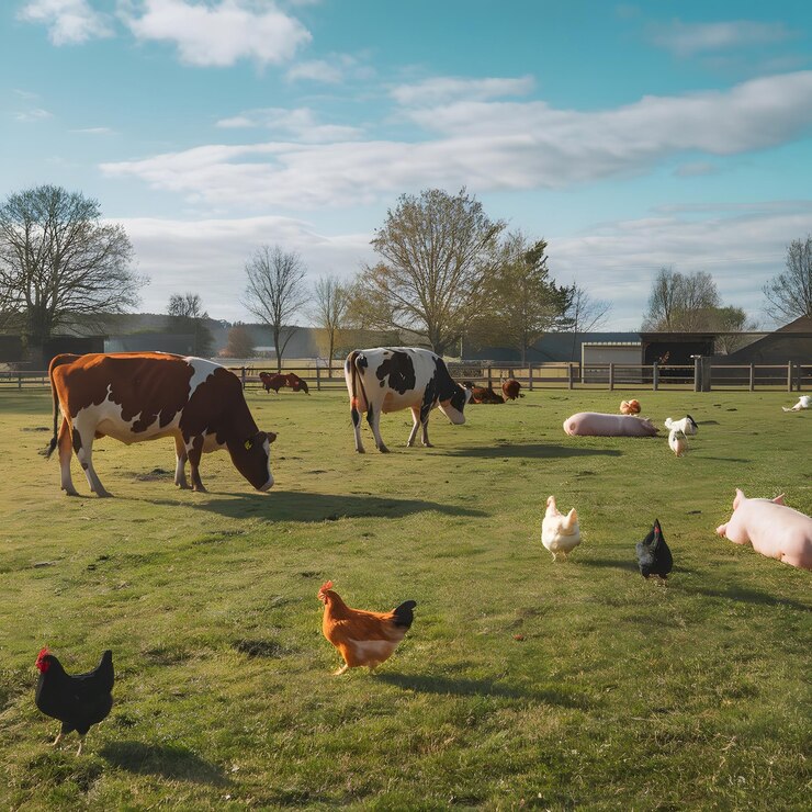 un rebaño de vacas pastando en un campo con pollos y pollos