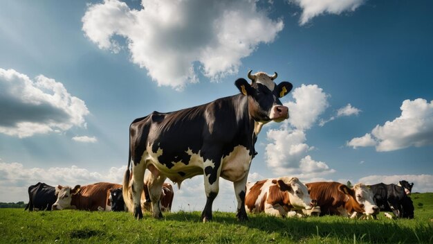 Un rebaño de vacas pastando en un vasto pasto verde bajo un cielo azul