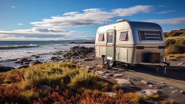 Reboque de caravana na costa marítima Generative AI