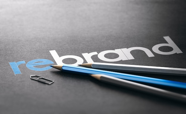 Rebrand palavra com o prefixo re escrito à mão sobre fundo de papel preto, conceito de gerenciamento de marketing e marca. Ilustração 3D