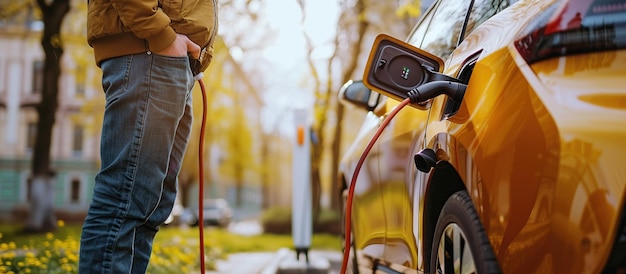 Recarga de la batería de un coche eléctrico en primer plano desde una estación de carga en un parque urbano verde al aire libre en primavera