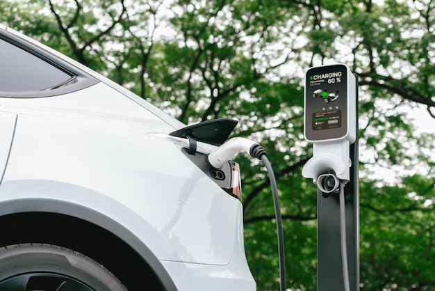 Foto recarga de baterías de vehículos eléctricos en el parque nacional de exalt