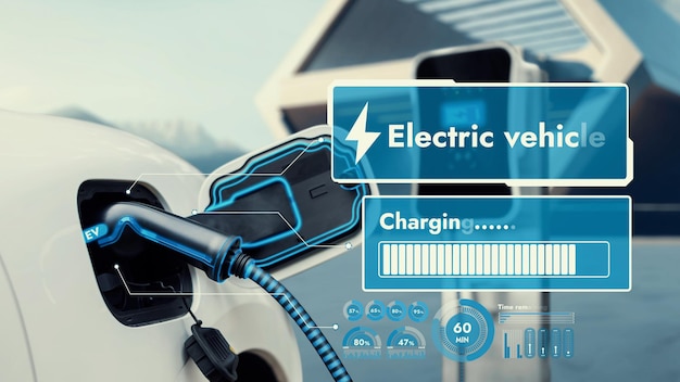 Recarga de automóveis elétricos para estação de carregamento com o futuro edifício Peruse