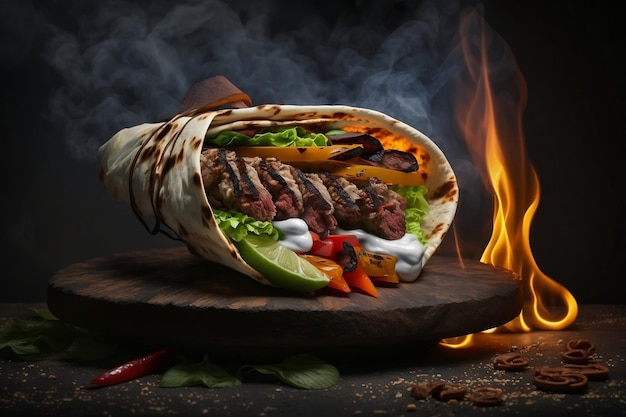 Receita de envoltório de shawarmakebab de carne e vegetais grelhados com pão sírio Cozinhar envoltório de kebab em uma assadeira IA generativa